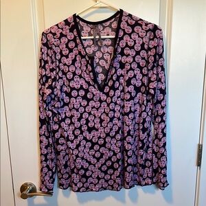 Anthropologie Pink and Purple button flouncy happy faces V-Neck Blouse